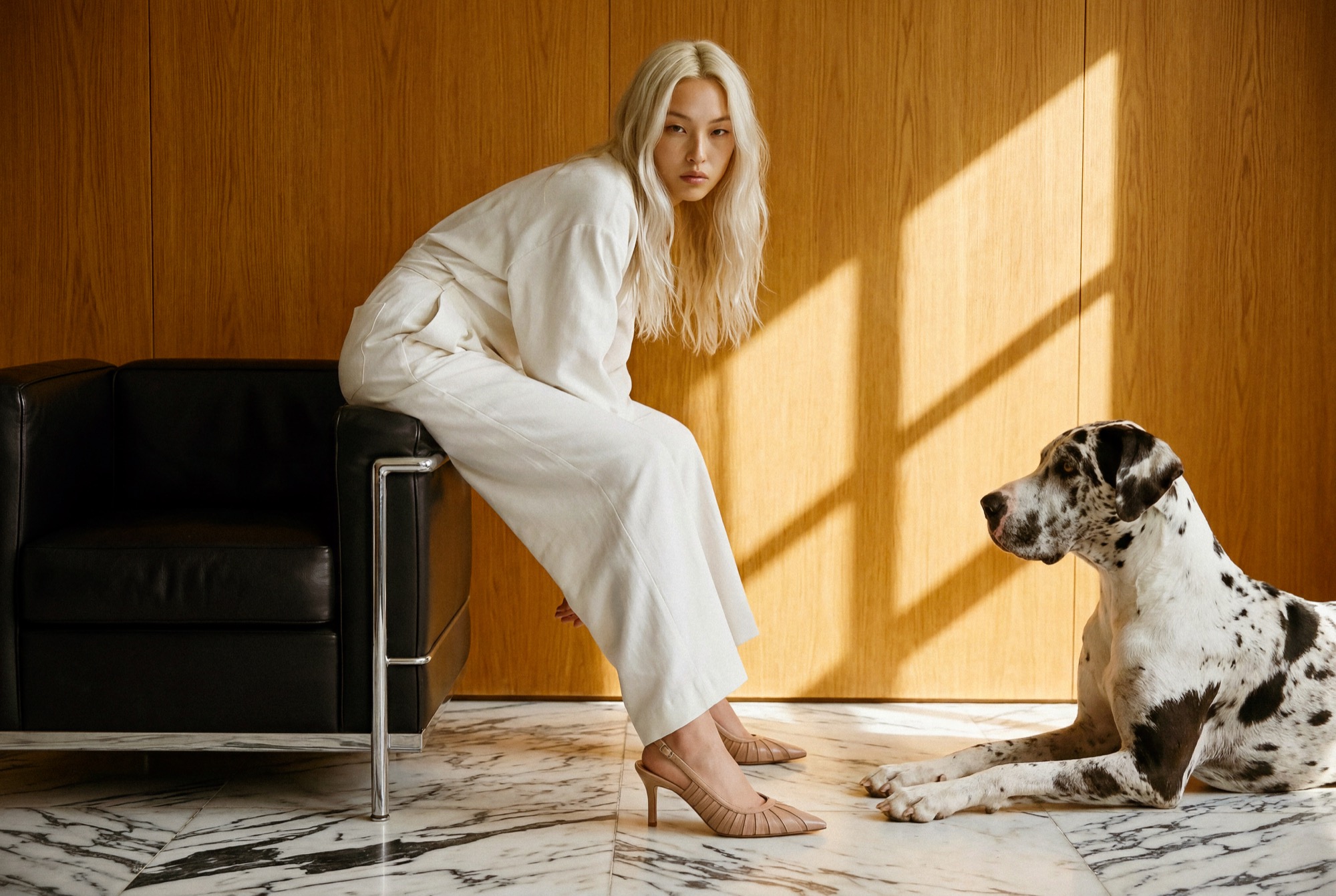 Woman in white with a Great Dane in a wood-panelled room